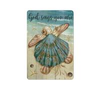 Letrero rústico de metal con arte de conchas marinas, bebé, en la playa, Dios dice que eres elegido, impresiones de retratos de Jesús, arte mural cristiano de 8x12 pulgadas