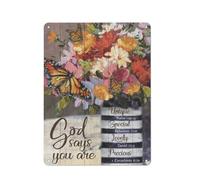 Letrero rústico de metal con dibujo de flor, pintura colorida, mariposa naranja, retrato de Jesús con la frase "Dios dice que eres único", arte cristiano para pared de 30x40 cm (12x16 pulgadas).