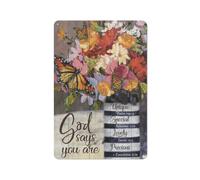 Letrero rústico de metal con dibujo de flor, pintura colorida, mariposa naranja, retrato de Jesús con la frase "Dios dice que eres único", arte cristiano para pared de 8x12 pulgadas.