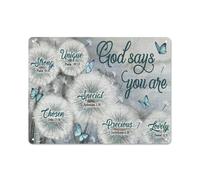 Letrero rústico de metal con diseño de campo de dientes de león, mariposa azul y la frase "Dios dice que tú eres Jesús". Láminas de paisaje cristianas de 30x40 cm (12x16 pulgadas).