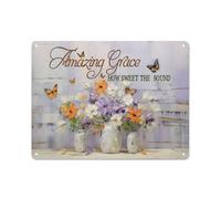 Letrero rústico de metal con la frase "Amazing Grace, How Sweet The Sound", mariposas y flores. Arte de pared estilo granja para el hogar, jardín, sala de estar, dormitorio o porche. Decoración ret