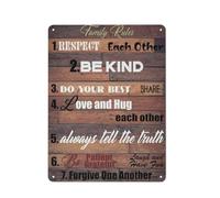 Letrero rústico de metal con las reglas de la familia para comedor y cocina. Póster abstracto con mensajes motivacionales sobre amabilidad, respeto y reciprocidad. Arte de pared vintage con amor, a