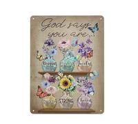 Letrero rústico de metal: Dios dice que eres tú. Decoración de pared con imágenes de flores. Arte cristiano para pared. Láminas florales estilo granja. Obra de arte para baño, sala de estar o dormi