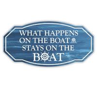 Letrero victoriano para pared o puerta con texto en inglés «What Happens On The Boat Stays On The Boat Stays On The Boat (madera azul), tamaño mediano