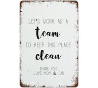 Letrero vintage con texto en inglés "Let's Work as a Team to Keep This Place Clean Up" para decoración del hogar, cocina, decoración de pared, póster de metal para habitación, 8 x 12 pulgadas