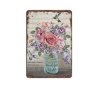 Letrero vintage de 8 x 12 pulgadas con texto en inglés "What A Wonderful World" con diseño de colibrí, decoración de hojas de música, decoración de flores para dormitorio universitario, oficina