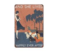 Letrero vintage de hojalata con texto en inglés "Dachshund Dog Lover and She Lived Happily Ever After The Kitchen", retro, divertido, decorativo, de hierro, 8 x 12 pulgadas