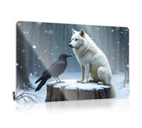 Letrero vintage divertido de lata con texto en inglés "A White Wolf And A Black Crow Stand On A Snowy Stump In A Winter Forest", accesorios de habitación para adolescentes y niños, decoración de bar