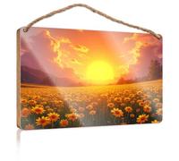 Letreros colgantes de madera para colgar en la pared, puesta de sol sobre un campo de flores amarillas, decoración de porche delantero de otoño (23 x 35 cm)