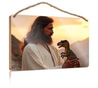 Letreros colgantes de pared con texto en inglés "A person holds a small Dinosaur Toy Against A Sunset Backon" (23 x 35 cm)