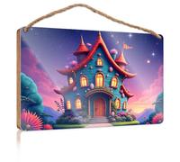 Letreros colgantes de pared con texto en inglés "A Whimsical, Fairy-Tale House con ventanas brillantes y flores vibrantes, letrero de madera para decoración de cueva de hombre, decoración de patio al