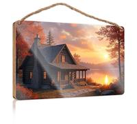 Letreros colgantes de pared con texto en inglés "Log Cabin by The Lake at Sunset" (20 x 30 cm)