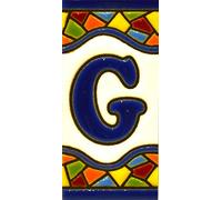 Letreros con numeros y letras en azulejo de ceramica policromada, pintados a mano en técnica cuerda seca para placas con nombres, direcciones y señaléctica. Texto personalizable. Diseño MOSAICO MINI 7,3 cm x 3,5 cm. (LETRA "G")