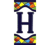 Letreros con numeros y letras en azulejo de ceramica policromada, pintados a mano en técnica cuerda seca para placas con nombres, direcciones y señaléctica. Texto personalizable. Diseño MOSAICO MEDIANO 10,9 cm x 5,4 cm. (LETRA "H")