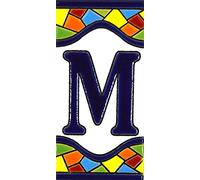 Letreros con numeros y letras en azulejo de ceramica policromada, pintados a mano en técnica cuerda seca para placas con nombres, direcciones y señaléctica. Texto personalizable. Diseño MOSAICO MEDIANO 10,9 cm x 5,4 cm. (LETRA "M")