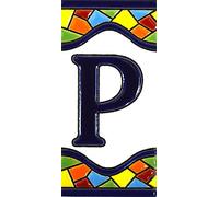 Letreros con numeros y letras en azulejo de ceramica policromada, pintados a mano en técnica cuerda seca para placas con nombres, direcciones y señaléctica. Texto personalizable. Diseño MOSAICO MEDIANO 10,9 cm x 5,4 cm. (LETRA "P")