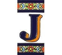Letreros con numeros y letras en azulejo de ceramica policromada, pintados a mano en técnica cuerda seca para placas con nombres, direcciones y señaléctica. Texto personalizable. Diseño FLORES MEDIANO 10,9 cm x 5,4 cm. (LETRA "J")