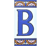 Letreros con numeros y letras en azulejo de ceramica policromada, pintados a mano en técnica cuerda seca para placas con nombres, direcciones y señaléctica. Texto personalizable. Diseño ARCO GRANDE 14,9 cm x 7,4 cm. (LETRA "B")