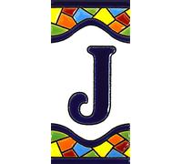 Letreros con numeros y letras en azulejo de ceramica policromada, pintados a mano en técnica cuerda seca para placas con nombres, direcciones y señaléctica. Texto personalizable. Diseño MOSAICO MEDIANO 10,9 cm x 5,4 cm. (LETRA "J")
