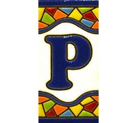 Letreros con numeros y letras en azulejo de ceramica policromada, pintados a mano en técnica cuerda seca para placas con nombres, direcciones y señaléctica. Texto personalizable. Diseño MOSAICO MINI 7,3 cm x 3,5 cm. (LETRA "P")