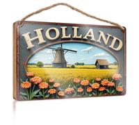 Letreros de amigos para decoración del hogar, molino de viento de Holanda en medio de campos de flores vibrantes, letrero de madera para baño, decoración divertida para el hogar (23 x 35 cm)