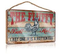 Letreros de baño para puerta de gallinero, letrero de The Fluffy Butt Hut Last One In Is A Rotten Egg, de madera, divertida decoración de cocina, porche delantero, granja (23 x 35 cm)