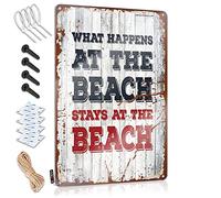 Letreros de barra de metal con texto en inglés «What Happens At The Beach Stays At The The The» (20 x 30 cm)