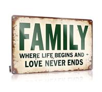 Letreros de estaño con texto en inglés "Camping Rules Family Where Life Begins And Love Never Ends". Cartel de estaño de metal vintage para habitación de niños (20 x 30 cm)