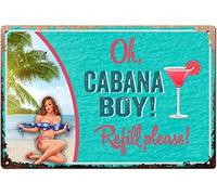 Letreros de estaño vintage con texto en inglés "Man Cave Oh Cabana Boy" Refill Please Tin Sign Chic Art Wall Metal Decor Funny Iron Plate Signs Gift for Living Room Office 20.3x30.5 cm
