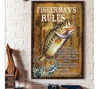 Letreros de estaño vintage para cocina, letrero de metal vintage con reglas de pescador con texto en inglés "Be On Time Bait Your Own Hook Fish Where Fisherman's Rules Be On Time Bait Your Own Hook