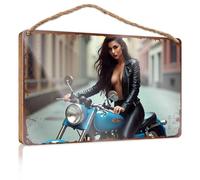 Letreros de invierno para decoración del hogar, cabalgando el viento: belleza revestida de cuero en una motocicleta azul, letrero de madera para dormitorio, accesorios de habitación (20 x 30 cm)
