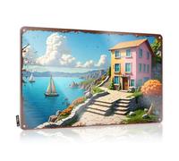 Letreros de lata con texto en inglés "Camping Rules Coastal Dream: A Pastel House By The Sea With Sailboats And Lush Tin Sign" divertido letrero de lata para garaje (30 x 40 cm)