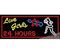 Letreros de luz de neón con texto en inglés "Live Girls" de 24 horas, parte trasera acrílica de corte cuadrado negro, con atenuador, letrero de interior hecho a mano, decoración de sala de juegos de
