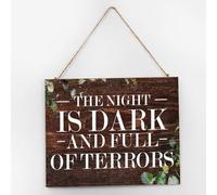 Letreros de madera modernos con texto en inglés "The Night Is Dark And Full of Terrors" - Placa de madera retro con cita rústica para pared, letrero decorativo para sala de estar al aire libre, 10 x