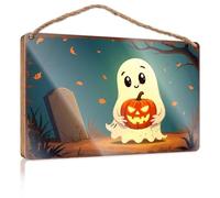 Letreros de madera para decoración del hogar, con texto en inglés "A Cute Ghost Holding A Jack-O'-Lantern In A Spooky Cemetery" (20 x 30 cm)