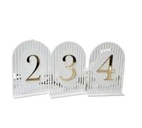 Letreros de mesa plateados con forma de arco de boda, fiesta, evento, decoración 3D, espejo dorado (dorado sobre blanco, mesa 1-5)