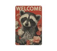 Letreros de metal de estaño con diseño de mapache con flores y rosas, decoración de pared para bar, pub, club, cafetería, granja, color blanco, 30 x 20 cm