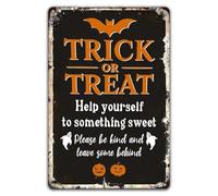 Letreros de metal de metal con texto en inglés "Trick or Treat" para Halloween con texto en inglés "Help Yourself To Something Sweet Nostálgico", decoración de Halloween para el hogar, habitación