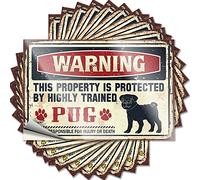 Letreros de metal decorativos con texto en inglés "Warning This Property is Protected by A Highly Trained Pug Funny Sticker", 10 piezas de letreros divertidos para el hogar, bar, letreros de metal