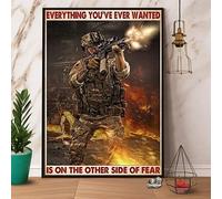 Letreros de metal divertidos para pared, diseño de veterano americano con texto en inglés "Everything You've Ever Wanted is On Other Side of Fear", letrero de metal vintage para decoración del hogar