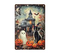 Letreros De Metal Gato Fantasma Calabaza De Halloween Vintage Carteles Letrero Metalicos Interior Placa De Pared Póster para Casas Particulares Baño Película Tienda 30X20Cm
