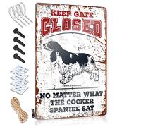 Letreros de metal retro con texto en inglés "Keep Gate Closed No Matter What The Cocker Spaniel Sangre", letreros de metal divertidos para decoración pequeña (20 x 30 cm)