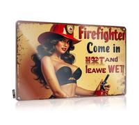 Letreros de metal vintage con texto en inglés "Firefighter Come In Hot And Leave Wet Tin Sign" divertidos letreros de pared (20 x 30 cm)