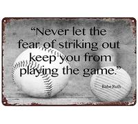 Letreros de metal vintage con texto en inglés "Never Let The Fear of Striking Out Keep You from Playing The Game", cartel de estaño, póster de béisbol, arte de pared, placa decorativa para el hogar