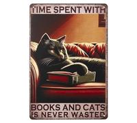 Letreros de metal vintage con texto en inglés «Time Spent With Books» (tiempo pasado con libros, gatos nunca se desperdician), decoración de pared, dormitorio, baño, granja, sala de estar, 30,5 x 20,3