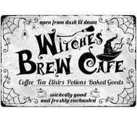 Letreros de metal vintage de Witches Brew Cafe, decoraciones de Halloween, café, té, elixires, pociones, productos horneados, decoración de pared para el hogar, la cocina, la cafet 8x12 pulgadas
