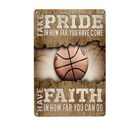 Letreros de metal vintage divertidos con texto en inglés "Take Pride In How Far You Have Come Basketball For Home Yard Farm Garden Garage Inspirational Quote Wall Decor Vintage Tin Sign 8 x 12