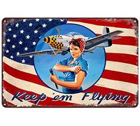 Letreros de metal vintage - Póster de Rosie Riveter Keep em Flying Patriotic WWII Cartel de estaño para decoración de pared para el hogar, bar, pub, club, cafetería, garaje, 8 x 12 pulgadas