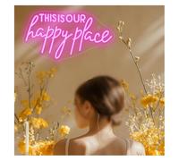 Letreros de neón para Colgar Letrero de neón Este es Nuestro Lugar Feliz decoración Habitaciones hogar Fiestas Bares Salones Belleza 42x23cm(Rojo)