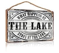 Letreros de oficina para escritorio, divertidos carteles e impresiones de madera con texto en inglés "What Happens At The Lake Stays At The Lake" (20 x 30 cm)